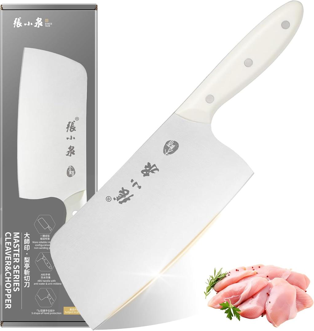 ZHANG XIAO QUAN SINCE 1628 Chinese Meat Cleaver 7.3, Heavy Duty Chopper Knife 40Cr13 Stainless Steel for Meat Vegetable Chef Knife White