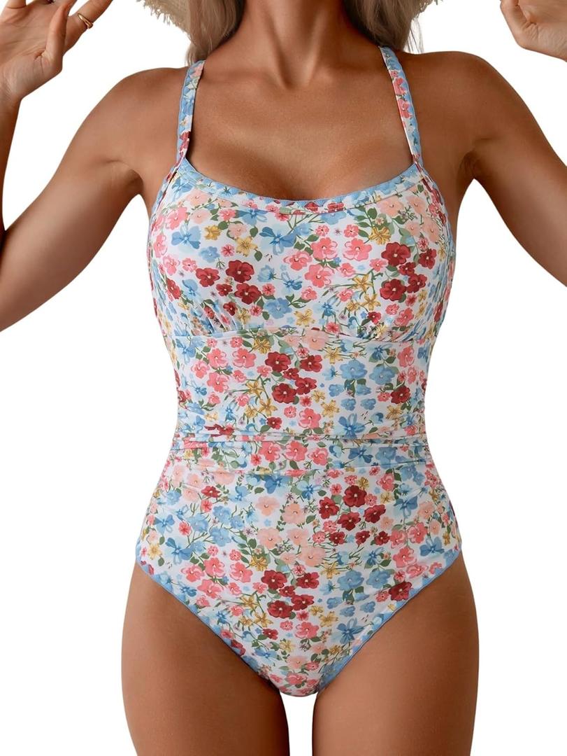 Eomenie Women's One Piece Swimsuit Tummy Control Slimming Bathing Suit Ruched Swimwear Tie Back Shell Stitch Swim Suit S