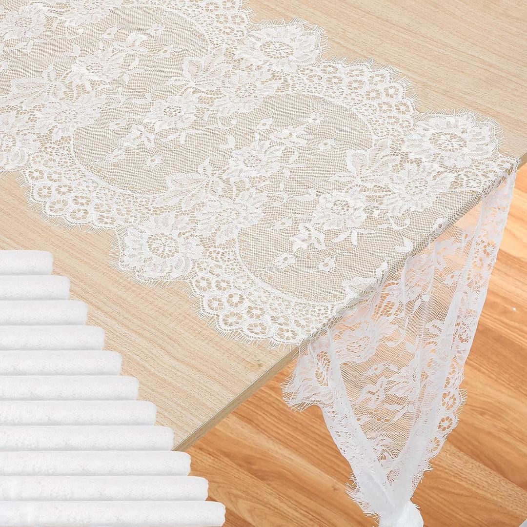 Cobee 12 Pcs White Lace Table Runners, 14 x 120 Inch Rustic Embroidered Boho Table Runner Vintage Floral Wedding Decoration for Bridal Shower Vintage Party Decor