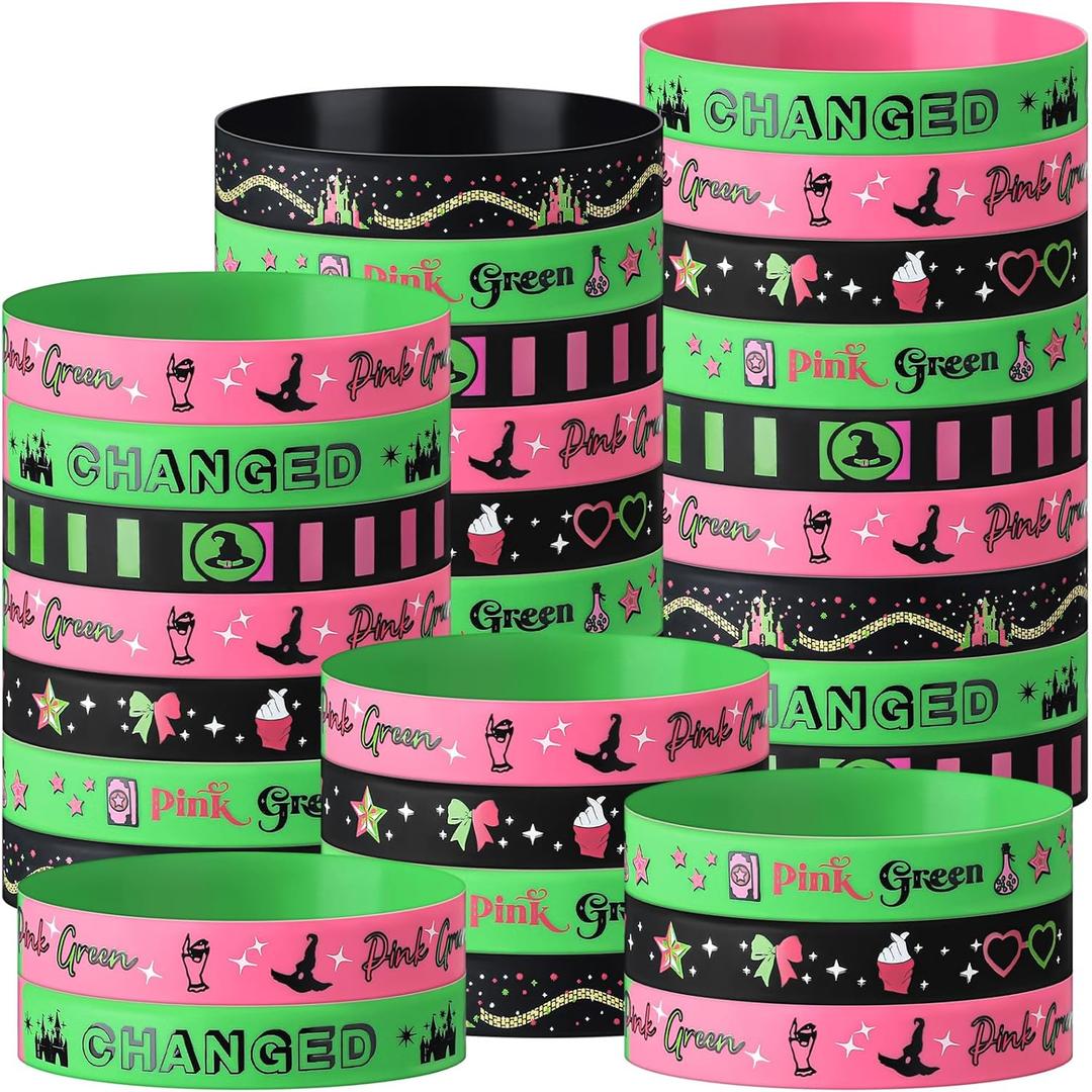 Ecally 60 Pcs Witch Friendship Bracelets Bulk Pink Green BFF Silicone Bracelet Witch Party Favors Supplies Changed Rubber Wristbands for Theme Birthday Music Movie Fans Gift Celebrate Supplies
