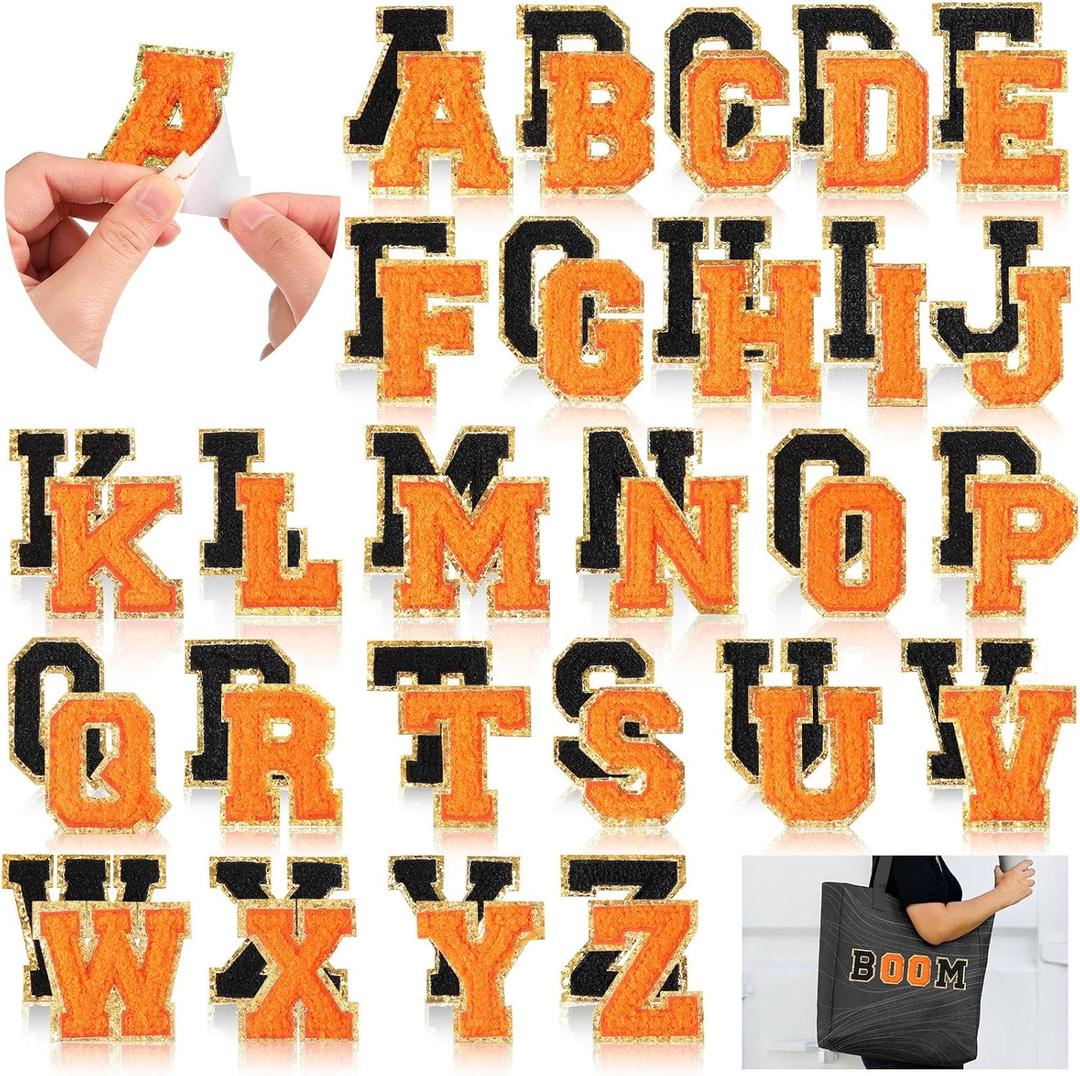 WILLBOND 52 Pcs Chenille Letter Patches A-Z, Self Adhesive Alphabet Patches 2.2/2.8 Inch for Clothes, Bags, Hats DIY, Name Craft & Personalized Valentines Wedding Gifts(Black, Orange,2.2 Inch)