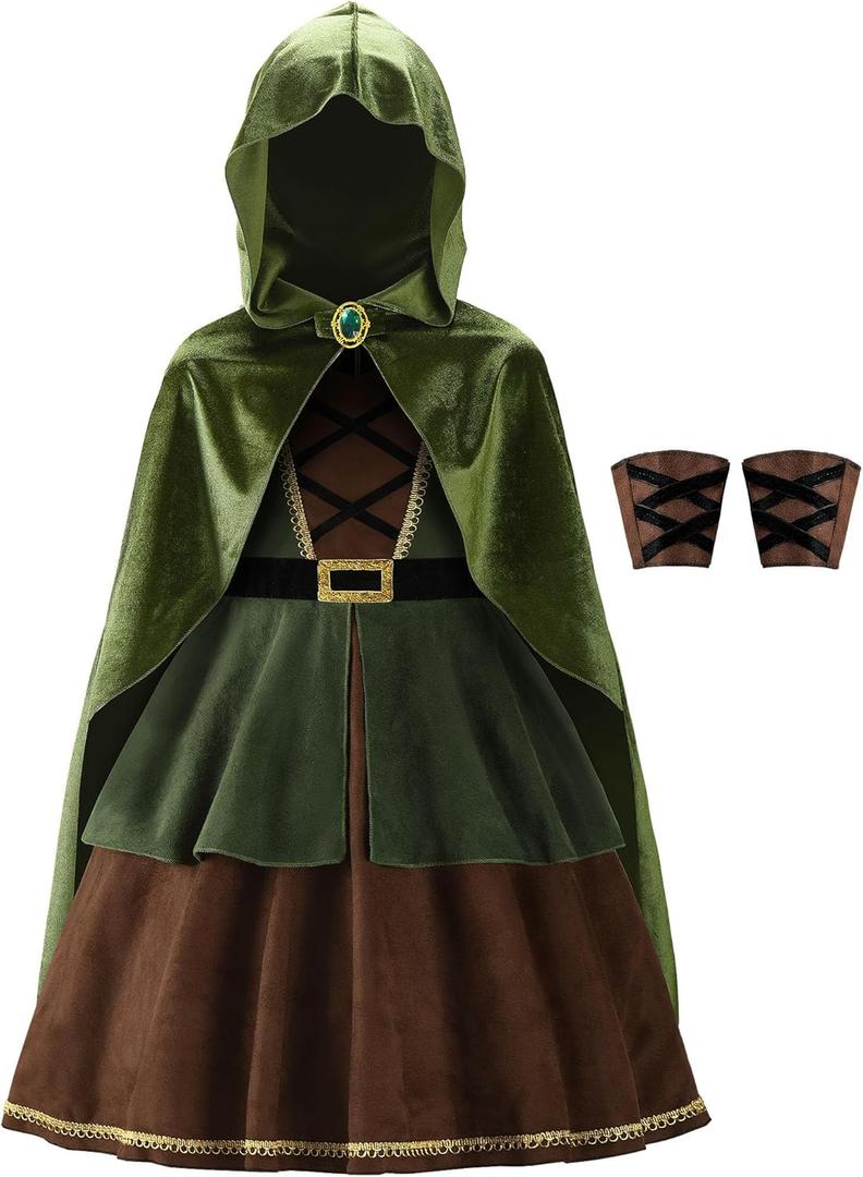 ReliBeauty Archer Costume Girls Huntress Costume for Girls with Cape,Green (6-7/130)