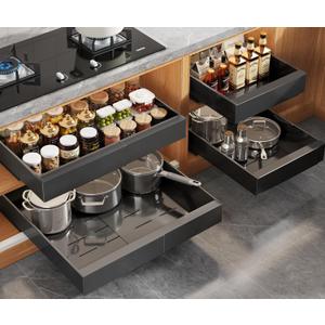 Seinloes 4 Pack Expandable Pull Out Cabinet Organizer 21"Deep With Raising Pad for Framed Cabinets,Upgrade 3 Slide Rails Slide Out Drawers,No Drill Roll Out Shelves,Adjustable Width 12.1"-20.4" Black