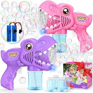 Toys for Girls Kids Ages 3-8: Bubble Gun for Kids 2 Rechargeable Dino Bubble Machine Gift for 3 4 5 6 7 8 Girls Toddlers Ages 4-6 Easter Basket Stuffers Outoor Birthday Christmas Valentines (2pcs-pink+purple)