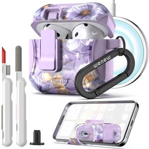 wenew Compatible with AirPods 4th Generation Case Cover with Phone Stand, Cleaner, Clip, Compatible with Magsafe Charger, One-Click Pop Open Lock iPod 4th Case (Purple 1, AirPods 4th)