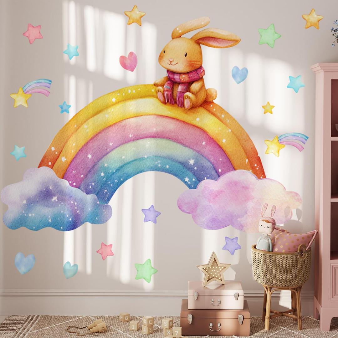 Rainbow Rabbit Wall Stickers Cute Rabbit on Rainbow with Stars and Clouds Decals Peel and Stick Decal for Kids Rooms Nursery Playroom (Rainbow Rabbit)