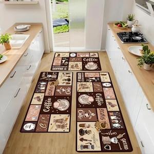 XLHOMO Kitchen Mats for Floor, Non Slip Washable Kitchen Rugs Sets of 3, Coffee Farmhouse Cushioned Stain Resistant Kitchen Runner Rug for Kitchen Floor, Laundry Room, Bathroom, Entryway Carpet Decor