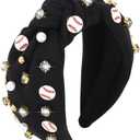 YARIEW Wide Knotted Jeweled Baseball Headband for Women Girls - Top Knot Sports Accessories for Game Day, Fan Mom, Halloween Gifts (Black)