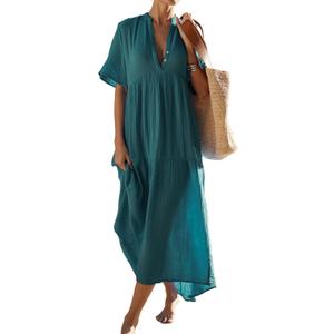 R.Vivimos Womens Summer Cotton Flowy Maxi Dress Short Sleeve V Neck Empire Waist Boho Tiered Ruffle Casual Loose Long Dresses (M)