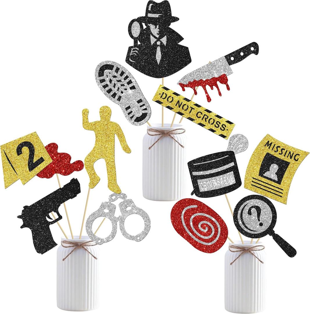 12pcs Glitter Detective Party Centerpiece Sticks Detective Theme Centerpiece for Table Detective Birthday Party Decorations for Spy Top Secret Mystery Theme Party Baby Shower Supplies
