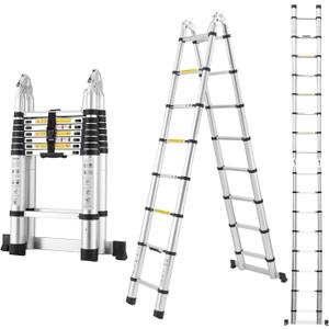 A-Frame Aluminum Telescopic Extension Ladder with Non-Slip Feet, 16.5FT Rv Telescope Foldable Extendable Compact Ladders for House Roof Travel Trailers, Adjustable Retractable, 330lbs Capacity (Silver)