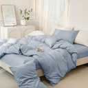 JIYUAN Queen Size Duvet Cover Set, 3-Piece - 100% Washed Cotton, Linen-Like Soft & Breathable with Zipper Closure, Includes 90x90 Inch Cover & 2 Pillowcases, Heathered Light Blue