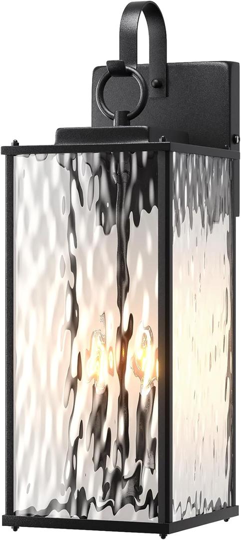 Sparluvix Large Outdoor Light Fixture 17 Inch, 2-Light Candelabra Water Ripple Glass Outdoor Porch Lantern for House IP65 Waterproof Exterior Wall Sconce Outside Lamp Coach Light Patio 1 Pack, E12