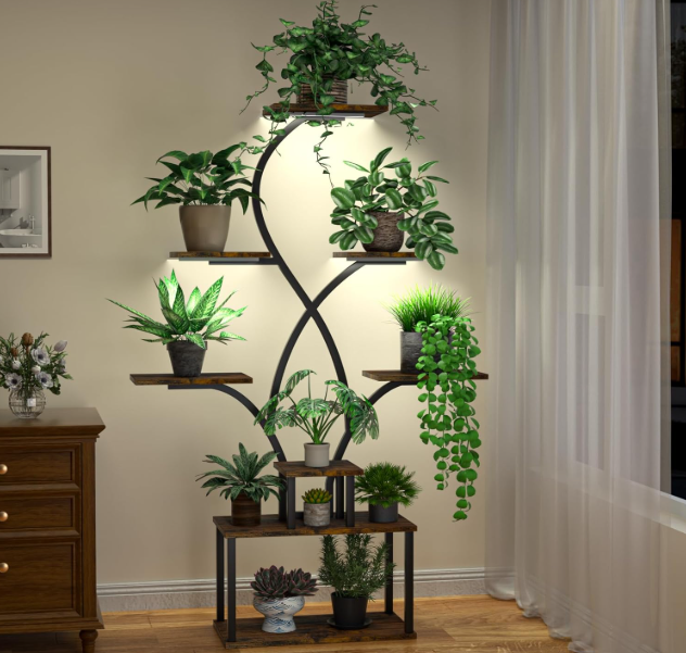 Nidouillet Plant Stand Indoor with Grow Lights, 8-Tiered Lighted Plant Shelf, 62" Tall Plant Stand for Plants Multiple, Metal Plant Flower Holder, S-Shaped Plant Rack for living room Home Decor