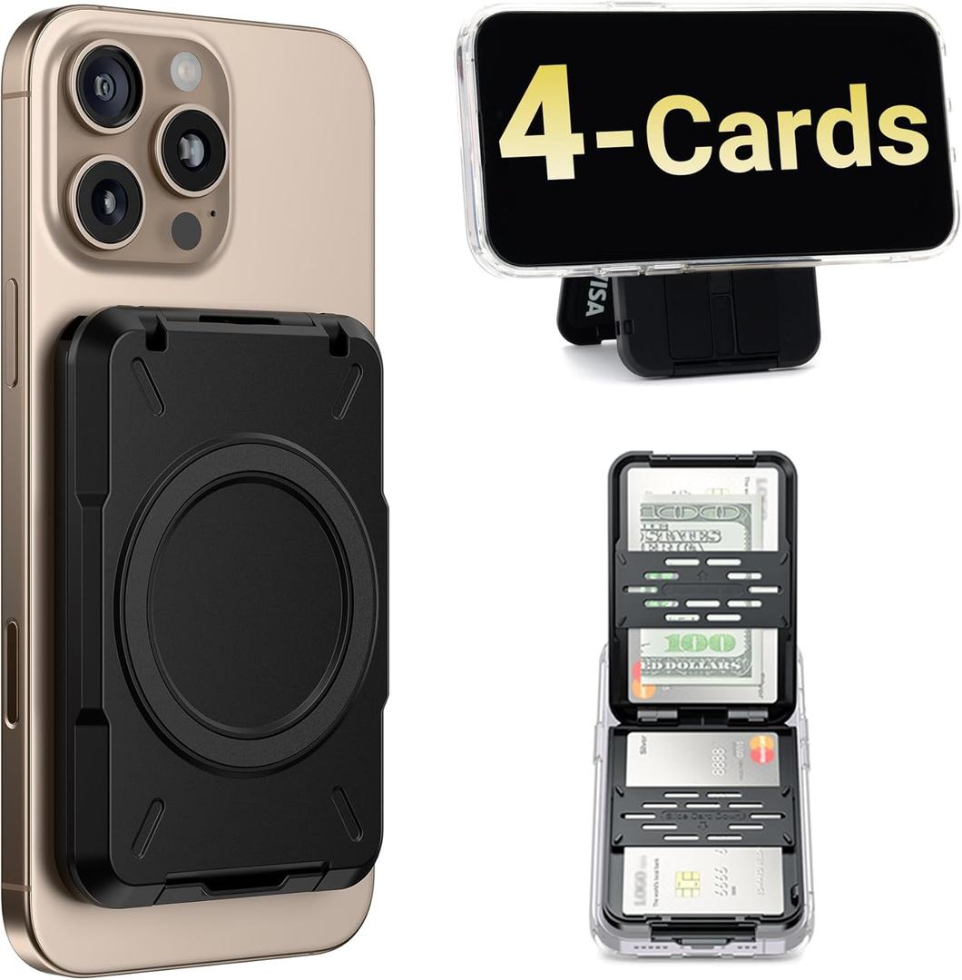 PROfezzion 2-in-1 for MagSafe Wallet Stand, RFID Blocking Magnetic Card Holder Fit 4 Cards, Heavy Duty Hardshell Wallet for iPhone 16 15 14 13 12 Pro Max Plus & MagSafe Case (Not for 13/12 Mini) (Black)