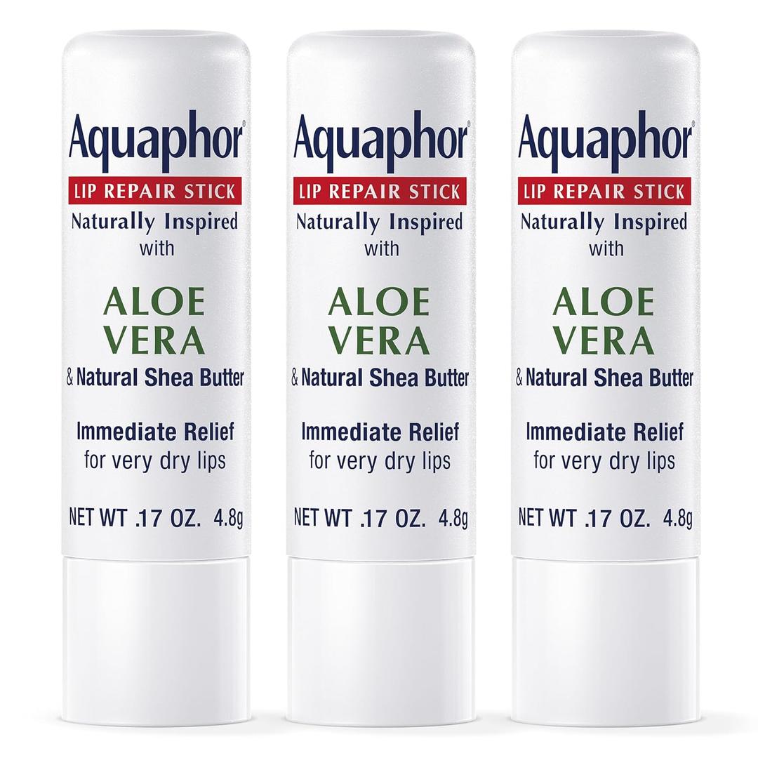 Aquaphor Naturally Inspired Lip Repair Stick with Aloe Vera and Natural Shea Butter, Hydrating Lip Balm Stick Immediately Relieves Dryness and Soothes Chapped Lips, 0.17 Oz Stick, Pack of 3