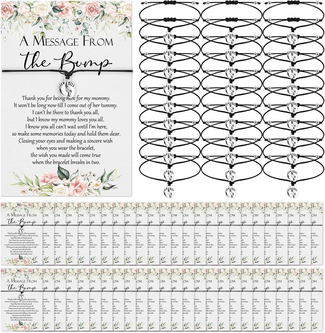 Thyle 50 Set Flower Baby Shower Favors for Guests Adjustable Bracelets with Message from the Bump Card Footprints Charm Baby Shower Bracelets for Gender Reveal Thank You Gifts