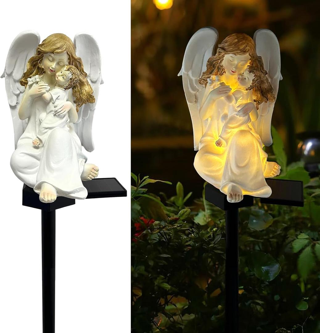 Solar Garden Angel Lights, Waterproof Outdoor Garden Angels Statue Decorations Solar Lights for Cemetery Gravesite Grave Outside Yard Patio Lawn Porch (Mother Angel)
