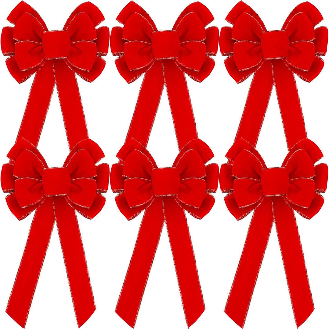 Lenwen 6 Pcs Large Christmas Bows Velvet Christmas Wreath Bows Christmas Tree Topper Bow with Golden Edge Big Xmas Ornament for Wreath Gift Home Front Door Decor (Red,11 x 19.6 Inch)