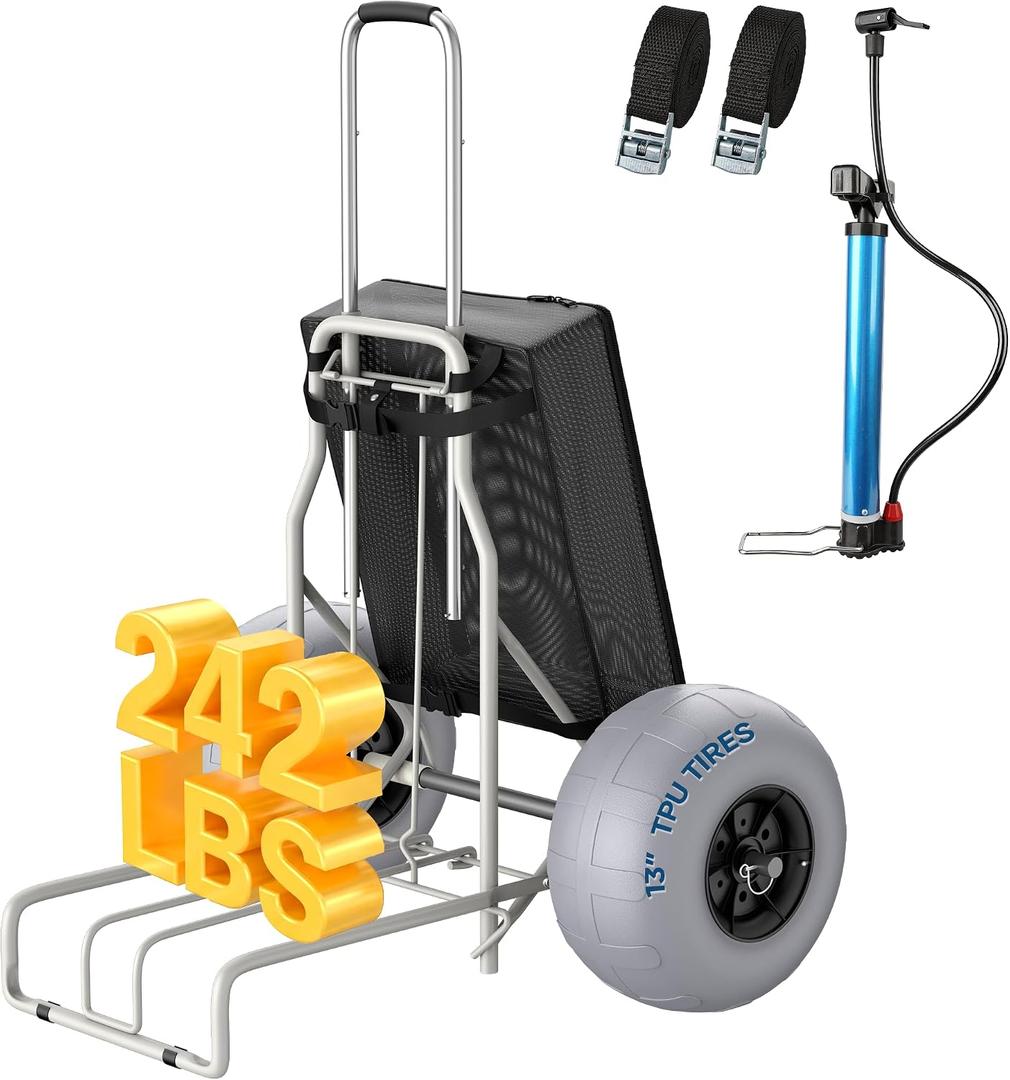 Beach Wagon with 13" Balloon Wheels for Sand,Heavy Duty Folding Beach Cart,242lbs Capacity,Collapsible Storage Bag,Adjustable Handle,Portable Wagon with Pump& Straps for Camping,Fishing&Garden