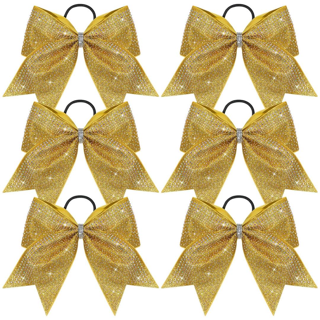 DEEKA 6PCS 8" Large Glitter Gold Cheer Bows with Full Shiny Rhinestones Multicolored Shimmer Cheer Hair Bows Elastic Band Ponytail Holder for Cheerleader Girls Sports-Gold