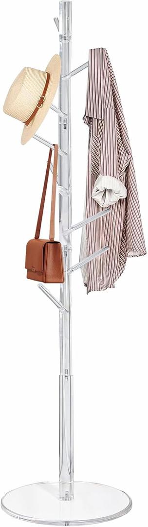 KOLUTI Acrylic Coat Rack Stand, with 8 Hooks 3 Section Adjustable Height, Hats Bags Jacket Clothes Scarves Hanger Organizer Tree Shaped Shelf Umbrella Holder, for Bedroom Entryway Living Room Office