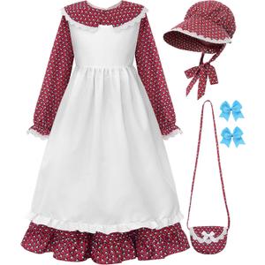 Pioneer Girl Costume with Accessories Prairie Dress Girls Red, 160 