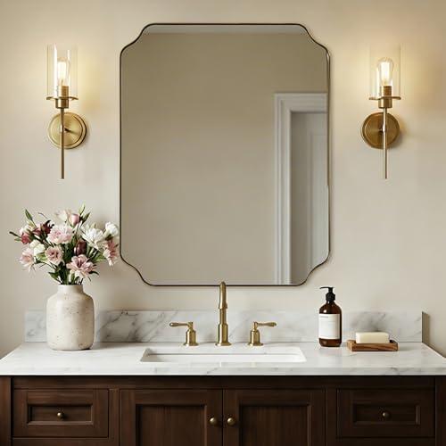 ANDY STAR 28"x36" Brushed Brass Bathroom Mirror, Scalloped Mirror for Bathroom, Champagne Bronze Mirror in Anti-Rust Stainless Steel Thin Frame, Wall Mount Vertical or Horizontal