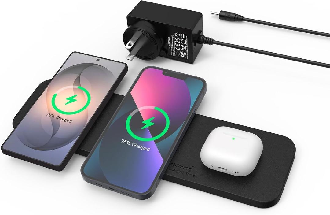 ZealSound Wireless Charging Pad, 3-in-1 Fast Wireless Charger with 36W Adapter for iPhone 17/16/15, Samsung Galaxy, AirPods & Galaxy Buds, Ultra-Slim PU Leather Charging Station for Home Office Travel