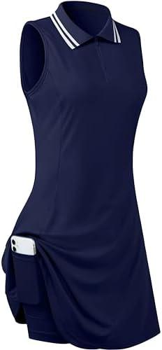 FREEYE Womens Sleeveless Golf Tennis Dresses with Inner Shorts＆Pockets for Workout Exercise Size Large, Navy Blue 