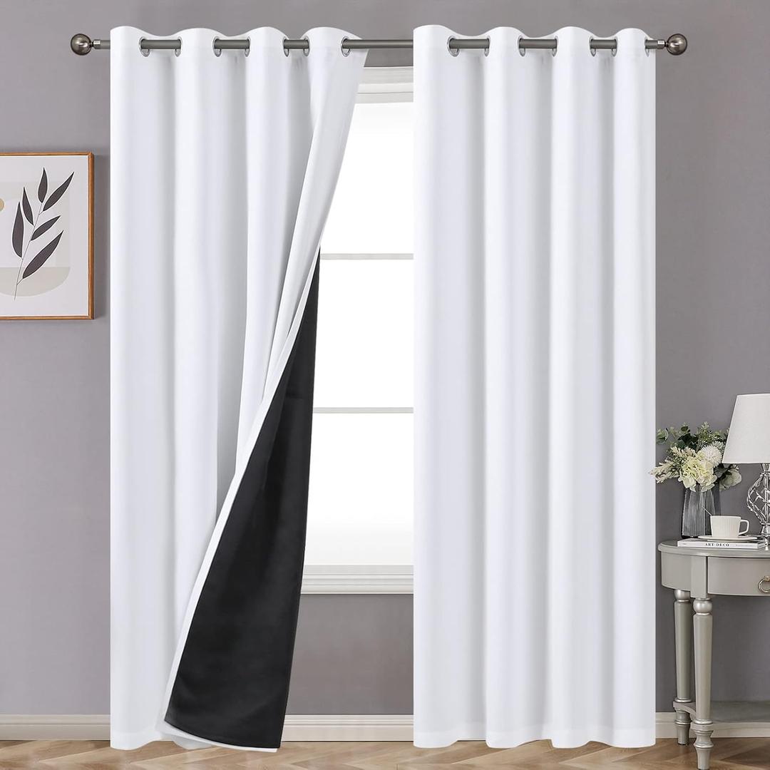 YoungsTex Pure White 100% Blackout Curtains for Living Room 84 Inches Length 2 Panels, 2 Thick Layer Thermal Insulated Full Room Darkening Curtains for Bedroom Grommet Top, 52 X 84 Inch