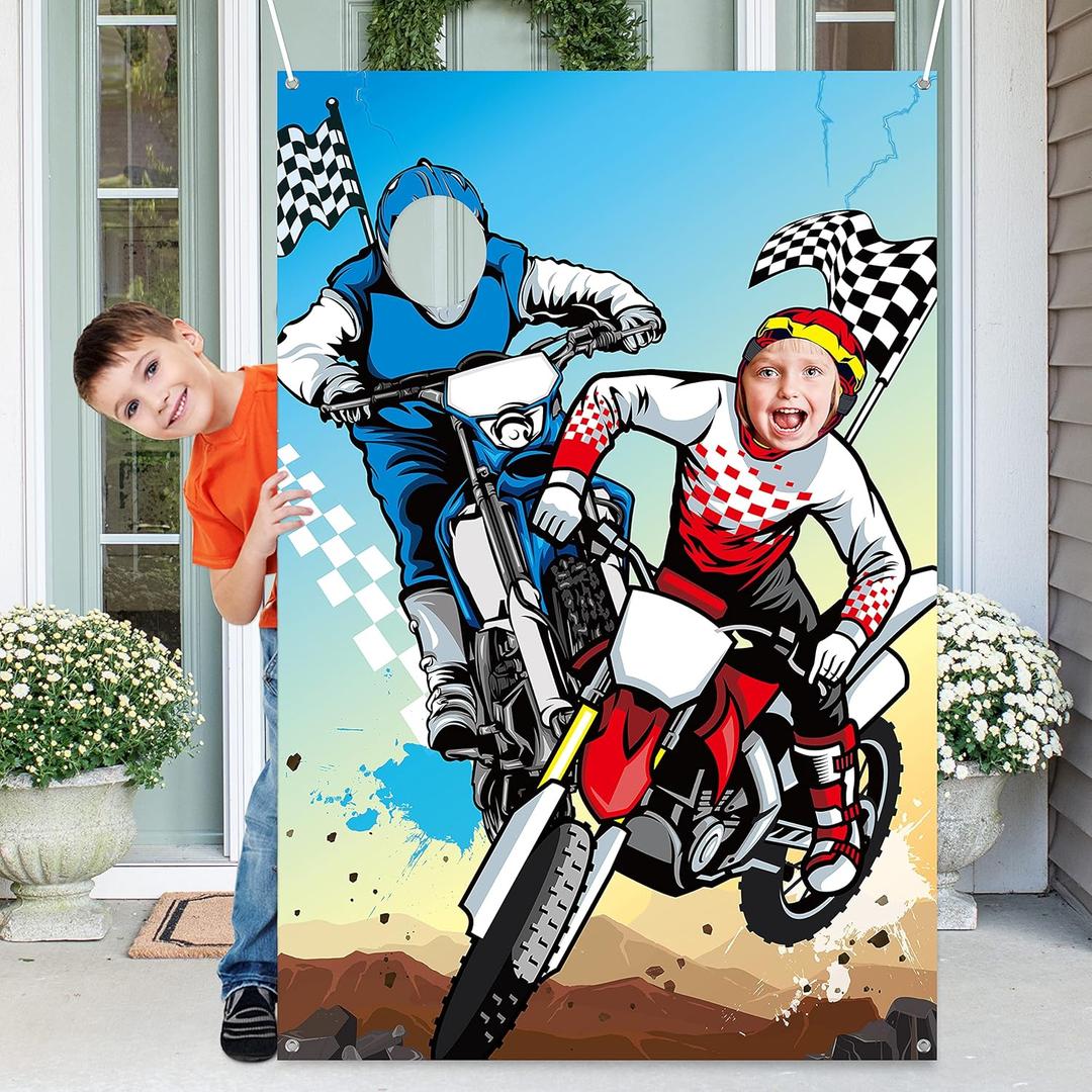 PANTIDE Motocross Photo Door Banner Backdrop Props, Large Satin Photo Background Face Photography Banner Decor Dirt Bike Theme Party Favor Supply Decorations Funny Party Games for Kids, 59 x 39 Inch