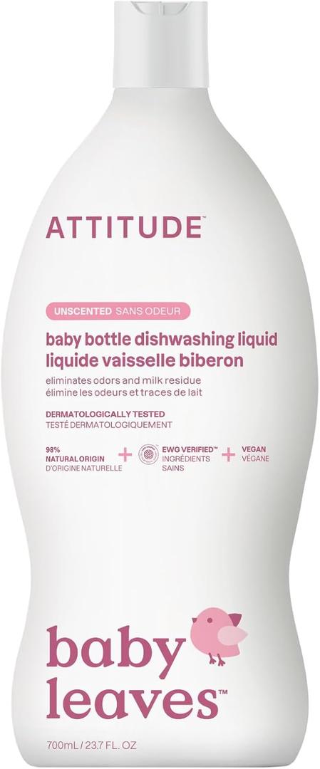 ATTITUDE Baby Bottle & Dish Soap, EWG Verified Bottle Cleaner, Fragrance Free & Dye Free, Removes Milk Residue & Grease, Vegan, Unscented, 23.7 Fl Oz