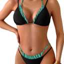 TASHEHE Women's Thong Bikini Set Double Layer Bikini Sexy Triangle Halter Two Piece Swimsuit Y2k Bathing Suit (Medium, 507 - Black / Tiger)