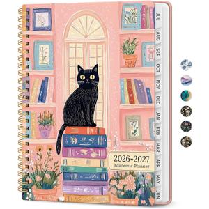 Planner 2026-2027, Academic Monthly and Weekly Calendar Planner for Women, July 2026 - June 2027, Hardcover Pretty Agenda Planner Book with Tabs, Spiral Daily Organizer for School Office Home Supplies, 8.5" x 11" - Bookish Kitty