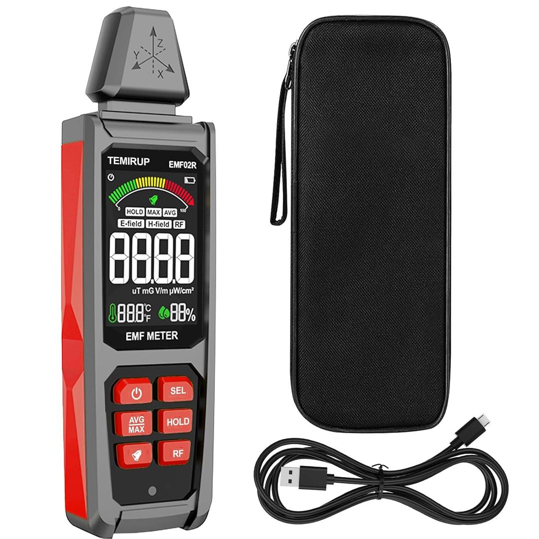 EMF Detector, TEMIRUP 5 in 1 Handheld EMF Meter Radiation Detector, Detects EF, RF, MF, WiFi Signal,Temperature, Humidity, Rechargeable EMF Reader with Large Color LCD for Home, Office, Ghost Hunting (Red)