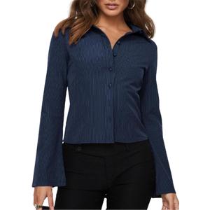 ECHOINE Women Button Down Shirts Long Sleeves Slim Fitted Casual Collared Blouses Work Striped Tops (Small, Blue)
