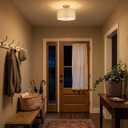 13" Boho Woven Rattan Ceiling Light Fixture, 3-Light Semi Flush Mount Modern Drum Lamp with Beige Fabric Shade, Rustic Lighting for Bedroom, Living Room, Dining Room, Hallway and Entryway