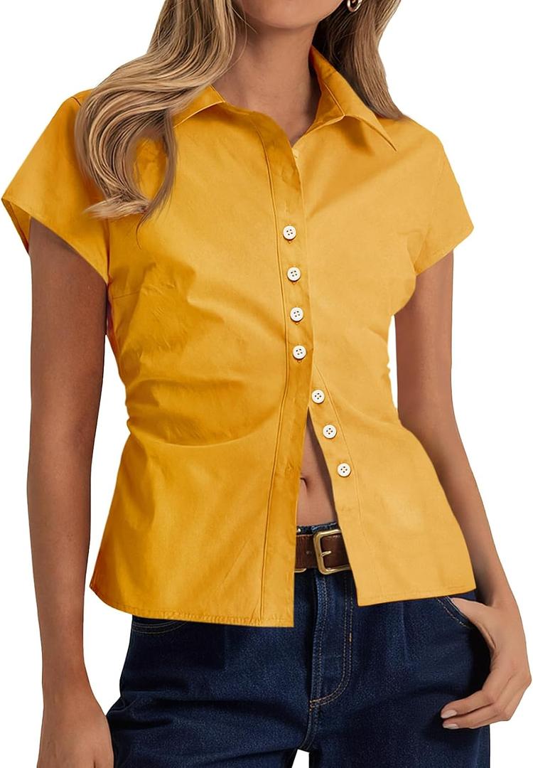 Cicy Bell Womens Summer Button Down Shirts Short Sleeve Petite Blouses Tops | Slim Fit, Casual Dressy, Ruched, Going Out (Yellow, M)