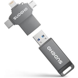 MFi Certified Photo Stick 128GB USB Flash Drive for iPhone, 4 in 1 External Memory Thumb Drive for Picture Video Data Backup, High Speed Memory Stick USB Drive for iPhone/iPad/Android/PC (GunBlack)