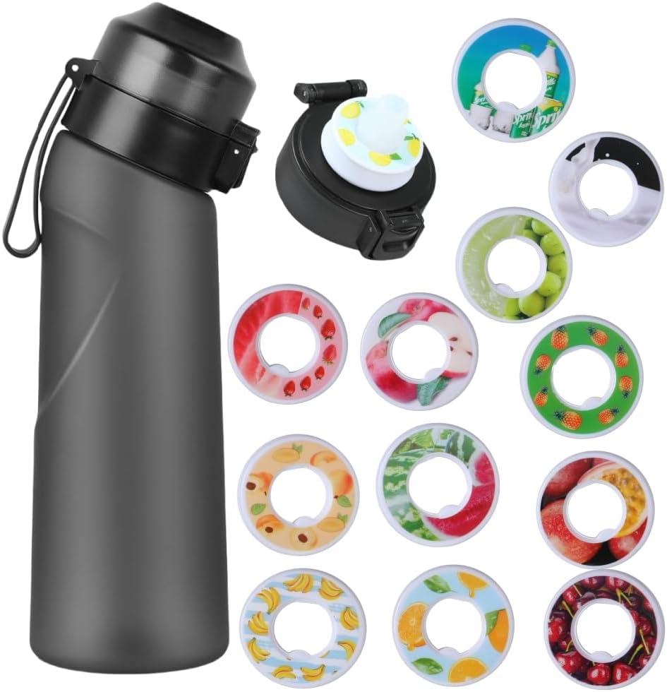 Air Scent Water Bottle 22oz with 12 Fruit Flavor Pods & Straw | Scent-Based Flavored Water Bottle, Matte Black | No Calories, Sugar-Free, BPA Free | for Kids, Adults, Suitable for Carbonation