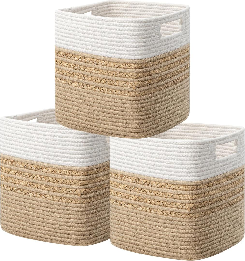UBBCARE Set of 3 Storage Cubes 11 X 10.5 X 10.5 in, Water Hyacinth Storage Bins for Shelves, Toys, Book, Storage Baskets with Handles, Cotton Rope Woven Baskets for Organizing, Brown