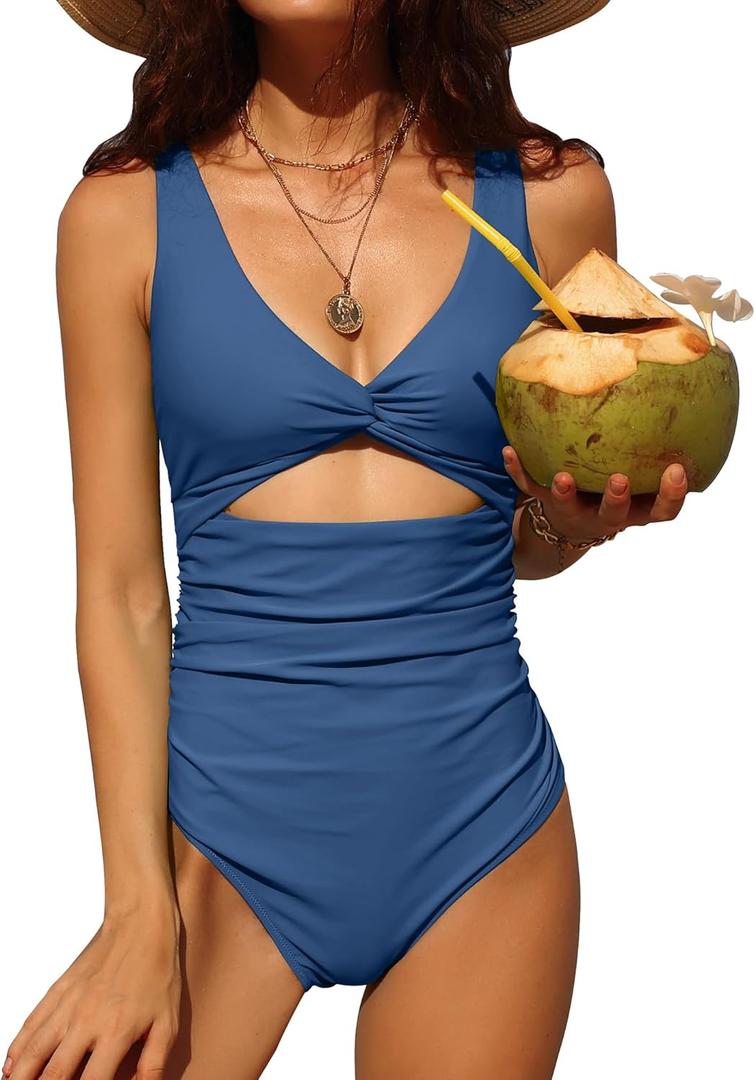 Charmo Womens One Piece Swimsuit Ruched Tummy Control High Cut Backless V Neck Bathing Suits Swimwear (Medium, 2b# Blue Gray)