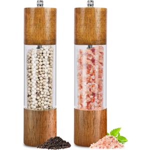 2 Pack Salt and Pepper Grinder Set, Premium Acrylic Salt and Pepper Mills - Manual Oak Wooden Shakers with Adjustable Ceramic Core-8 Inches (Brown)