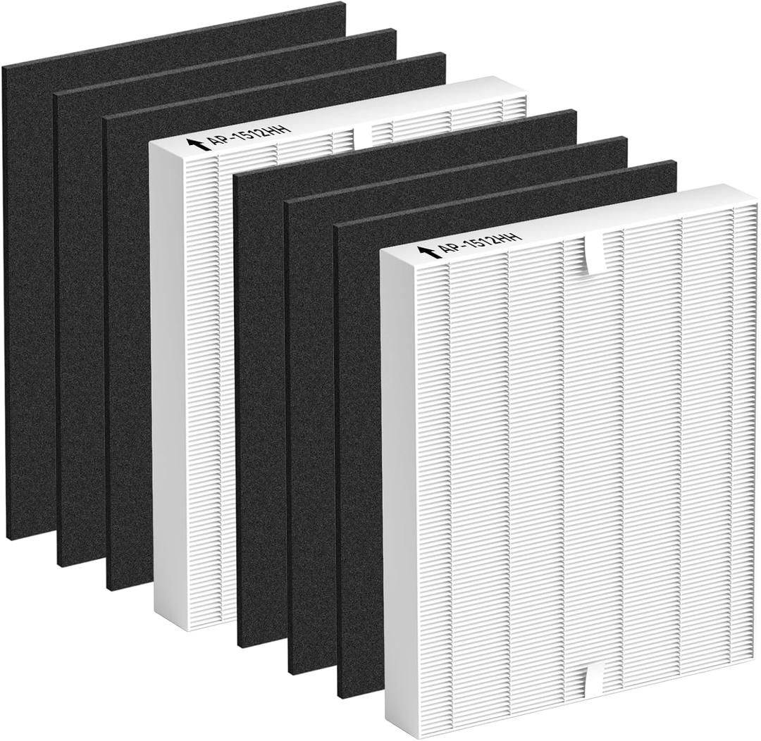 Improvedhand AP-1512HH Replacement Filter for Coway Airmega Purifier AP-1512HH-FP AP-1518R AP-1519P, 2 Pcs High-Efficiency Materials Main Filter & 6 Pcs Activated Carbon Filter, Replace Part#3304899 (Black&White)