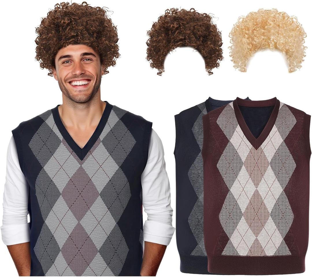 2 Pcs Halloween Cosplay Costume Set Afro Fluffy Wigs Pullover Knitwear Vests for Men Women Cosplay Disco Hippie
