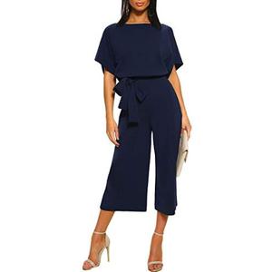 CHARTOU Women's Short Sleeve Bow Tie Wide Leg Cropped Capri Romper Palazzo Pants Jumpsuit L