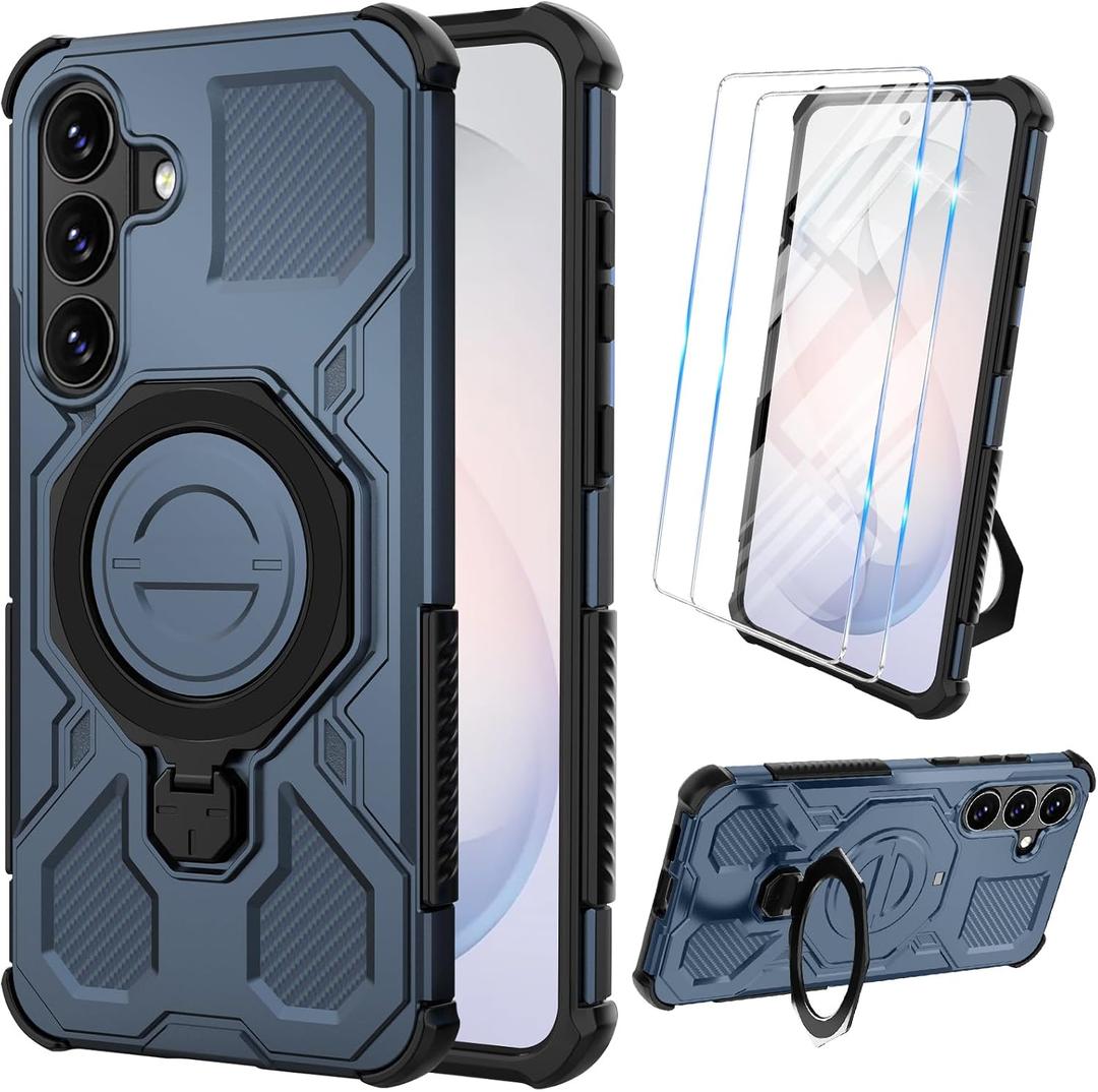 Vaki for Samsung Galaxy S26 Case with Tempered Glass Screen Protector, Heavy Duty Military Grade Shockproof Protective Cover 360 Ring Magnetic Kickstand Armor Cell Phone Case for Samsung S26 (Blue)