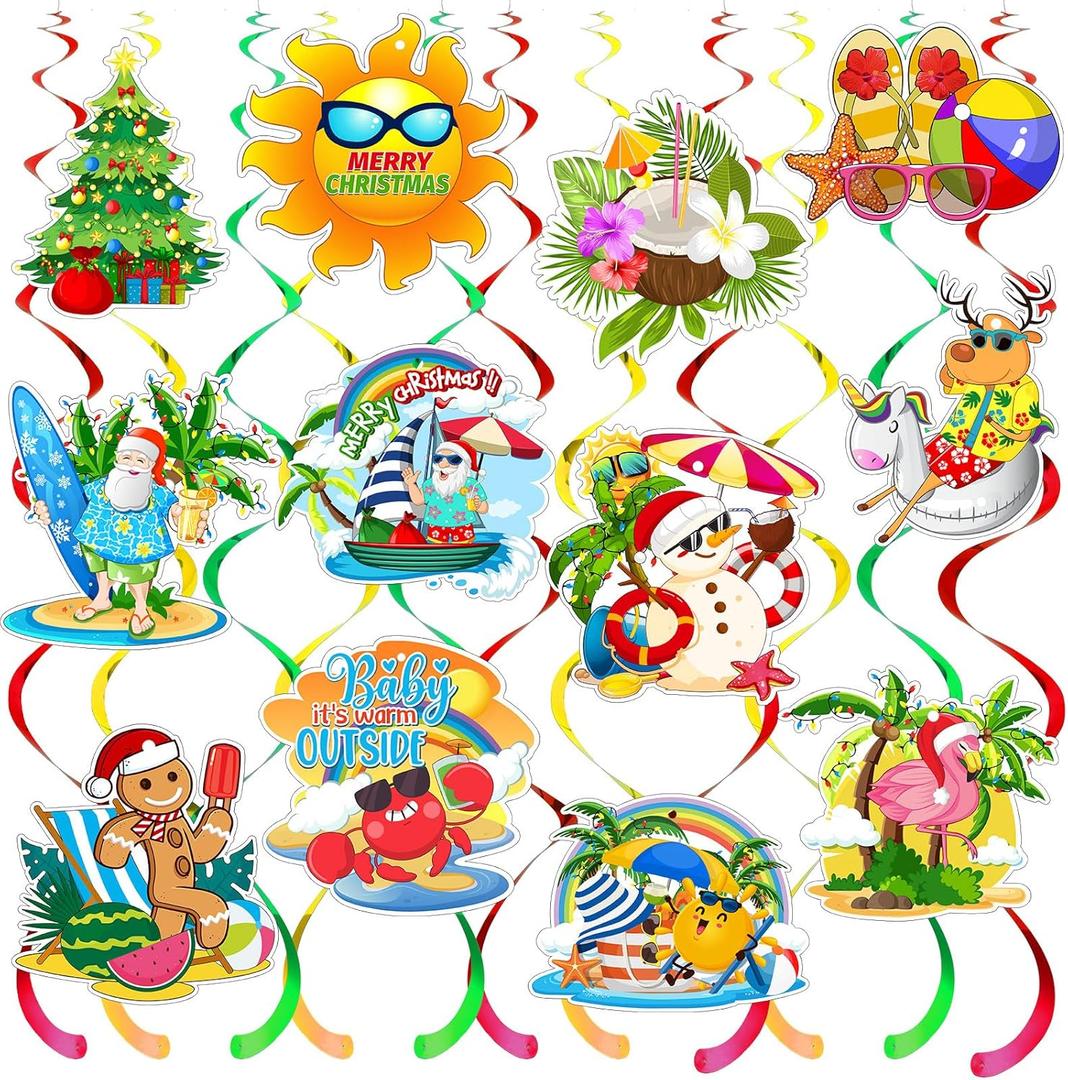 26 Pcs Summer Christmas Hanging Swirls Banner Decorations Tropical Xmas Decorations, Christmas Decor Flamingo Beach Tropical Hawaiian Party Supplies