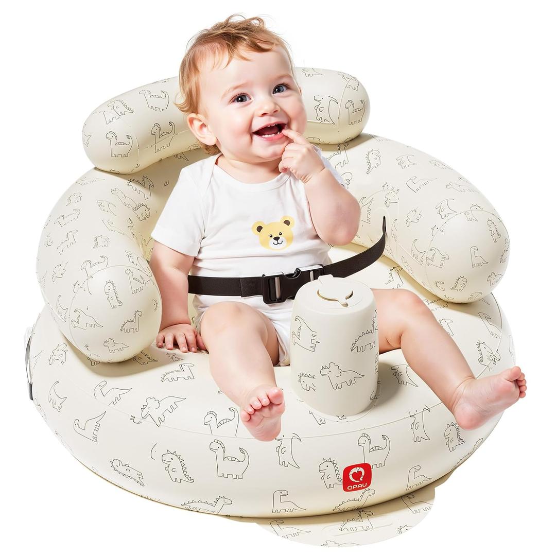 QPAU Inflatable Baby Floor Seat with Safety Harness, Baby Chair for Sitting Up (3 Months & Up), Portable Blow Up Baby Stuff for Infants with Built-in Pump (Dinosaur)